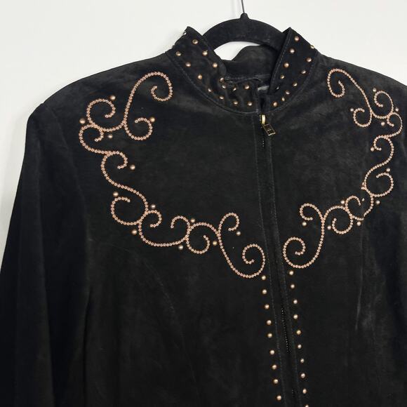 Scully Womens M Black Bronze Studded Cross Suede Leather Jacket Western Country - Picture 5 of 12